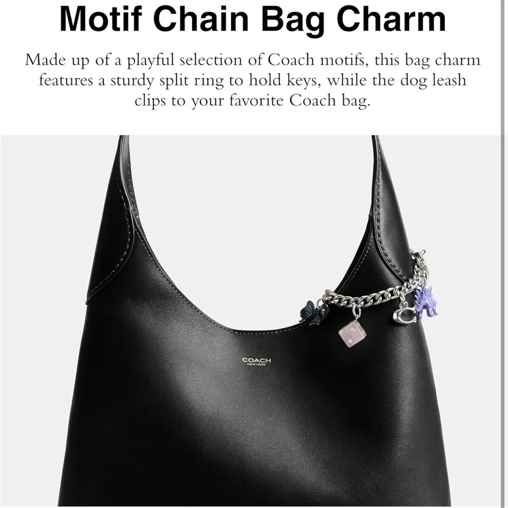 New Coach Silver Motif Chain Bag Charm with Purple Dinosaur, Heart, Bow, Dice